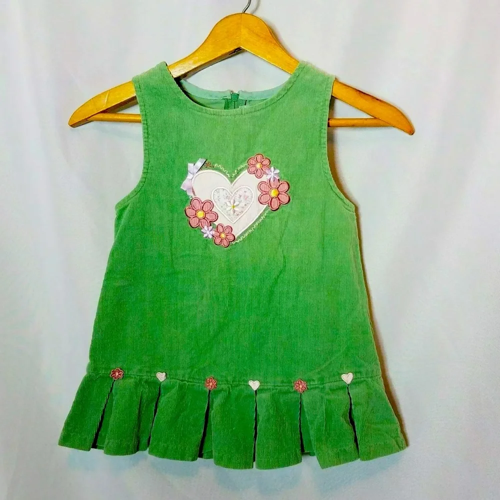 Vintage Bonnie Girls Green Corduroy Sleeveless Dress